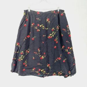 VIntage CC Hughes Rayon Black Floral Elastic Waist Plus  A-Line Midi Skirt P2075
